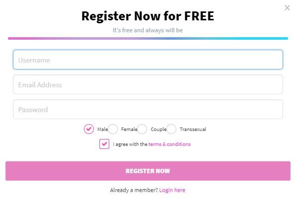 CamSoda registration form