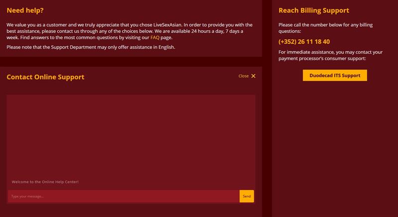 LiveSexAsian's customer support section